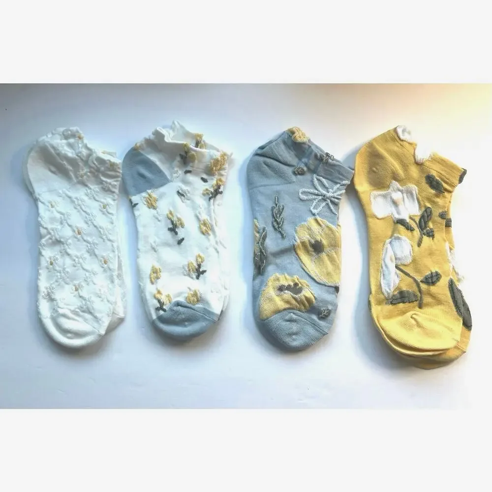 NEW Bundle of 4‎ Blue White Yellow Embroidered Floral Breathable Ankle Socks M/L